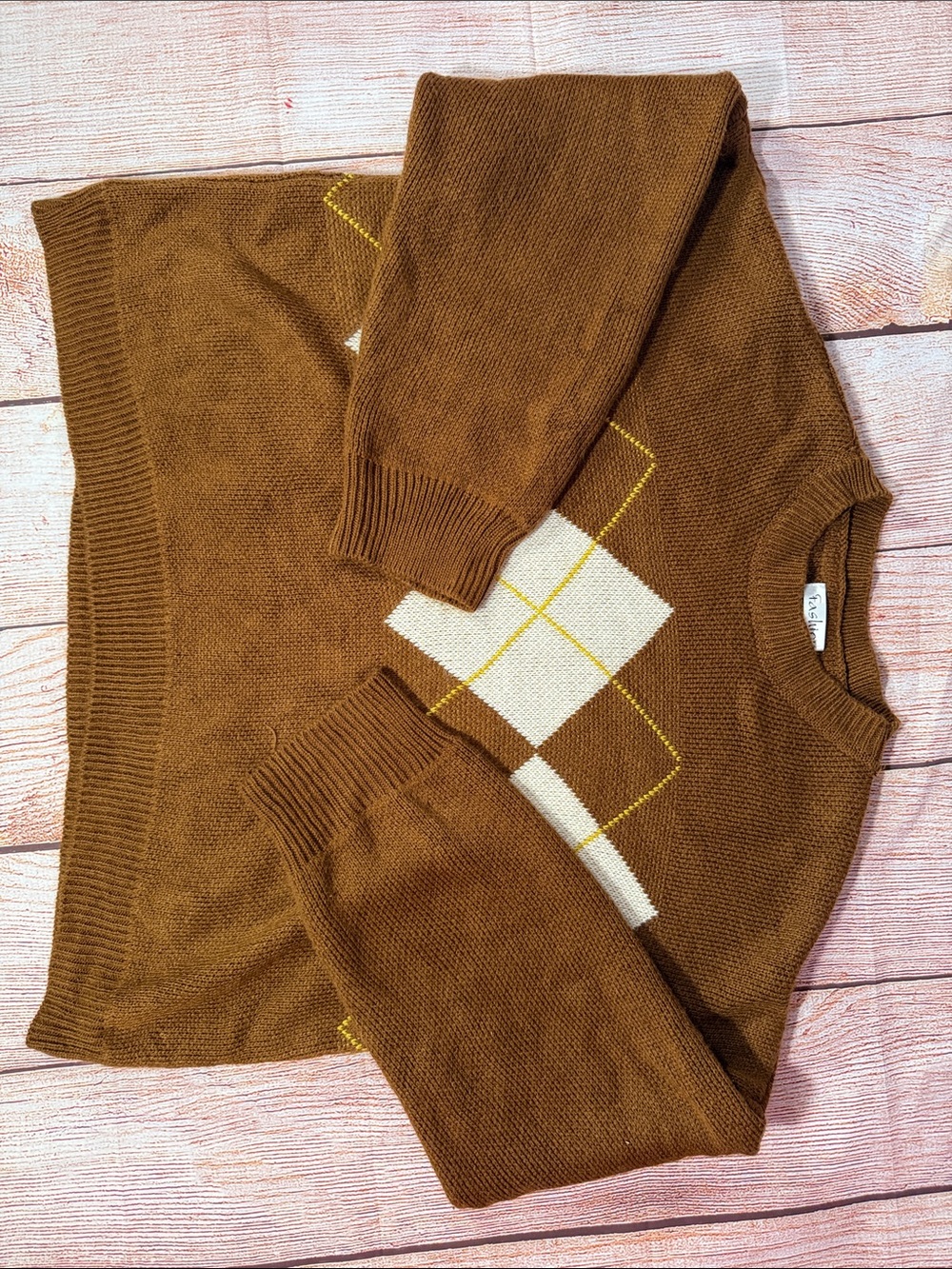 Vintage Argyle Sweater Women’s XXL Brown Crewneck Knit Pullover Grandpa Core - Picture 4 of 7